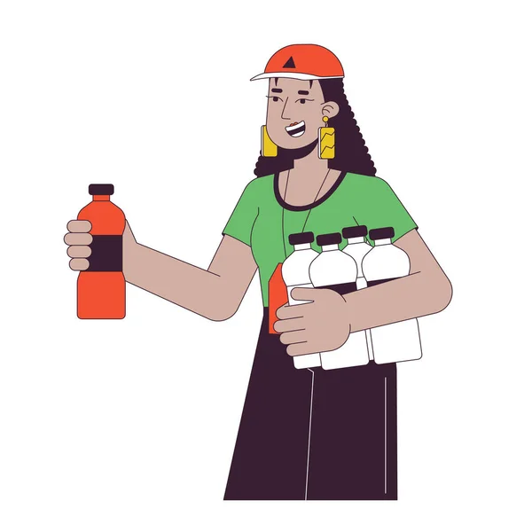 Freiwillige Geben Wasser Flache Linie Farbvektorcharakter Frau Mit Mütze Spende — Stockvektor