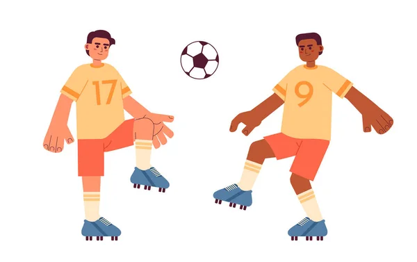 Jogadores Futebol Chutando Bola Conceito Plana Vetor Spot Ilustração Desporto — Vetor de Stock