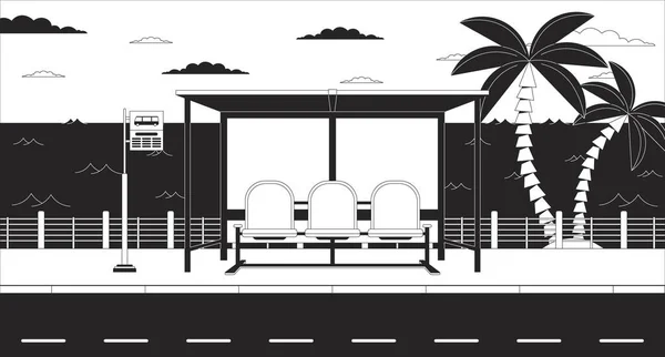 Bus Stop Bench Twilight Waterfront Black White Aesthetic Wallpaper Waiting — Stock Vector