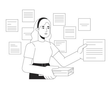 Konsept vektör çizimi ile ilgili notları olan kadın. Hatıralar. Web UI tasarımı için 2D düz çizgi monokromatik karakteri hatırla. Düzenlenebilir izole edilmiş kahraman görüntüsü