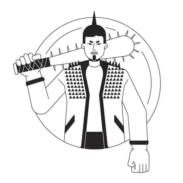 野球バットフラットラインブラックホワイトベクターキャラクターの攻撃的なパンク リベール 怒っている若者 武器を持ってる 適切な概要 半身の人 ウェブデザインのためのシンプルな漫画単離スポットイラスト — ストックベクタ