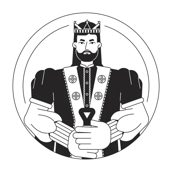 ゴールデンクラウンフラットライン黒白ベクターキャラクターで自信を持ったキング 剣を持っているひげ付きの男 適切な概要 半身の人 Webグラフィックデザインのためのシンプルな漫画単離スポットイラスト — ストックベクタ