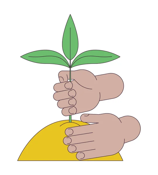 Hands Planting Plant Soil Flat Line Concept Vector Spot Illustration — Stock Vector