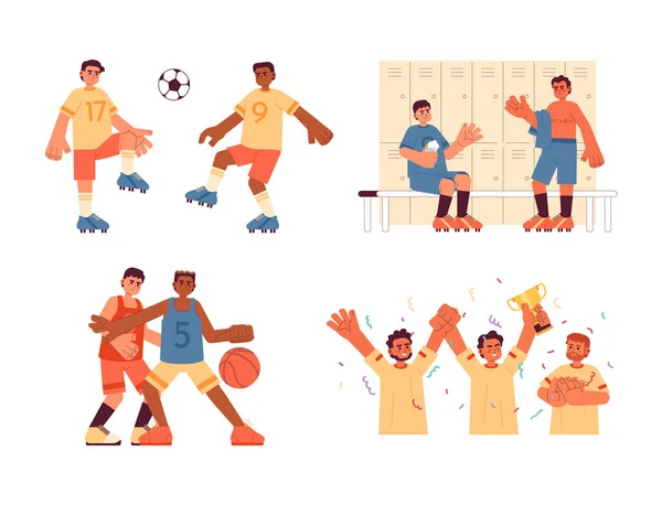 团队运动平面概念矢量插画集 踢足球 为网页用户界面设计赢得了白色的2D卡通人物 可编辑的可编辑英雄形象集 — 图库矢量图片