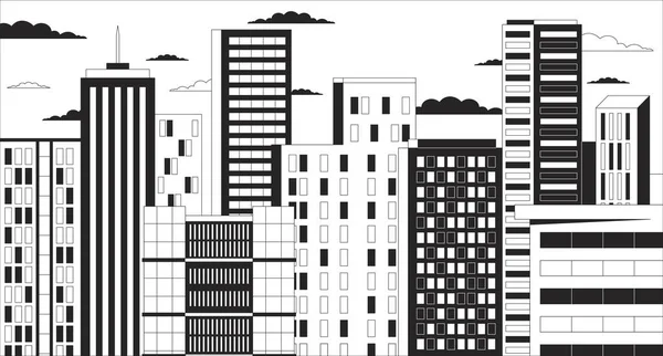 トワイライト高層ビル 黒と白のチル バックグラウンド 高層ビルの日焼け止め線形2Dベクター漫画の街路図のイラスト モノクロマティックなラフィの壁紙デスクトップ 90年代のレトロアート — ストックベクタ