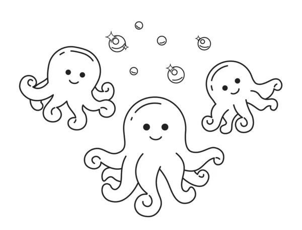 Glimlachende Octopussen Met Sprankelende Bellen Monochromatische Platte Vectorkarakters Dromerige Zeewezens — Stockvector