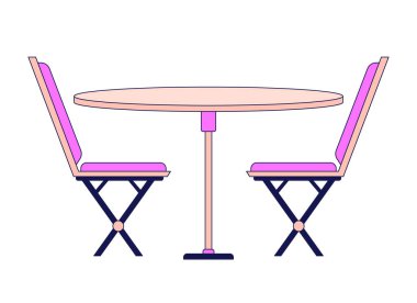 Yemek masası düz çizgi renkli sandalyeler izole edilmiş vektör nesneleri. Kafe masası. Mobilyalar. Beyaz arkaplanda düzenlenebilir resim. Web tasarımı için basit ana hatlı karikatür nokta çizimi