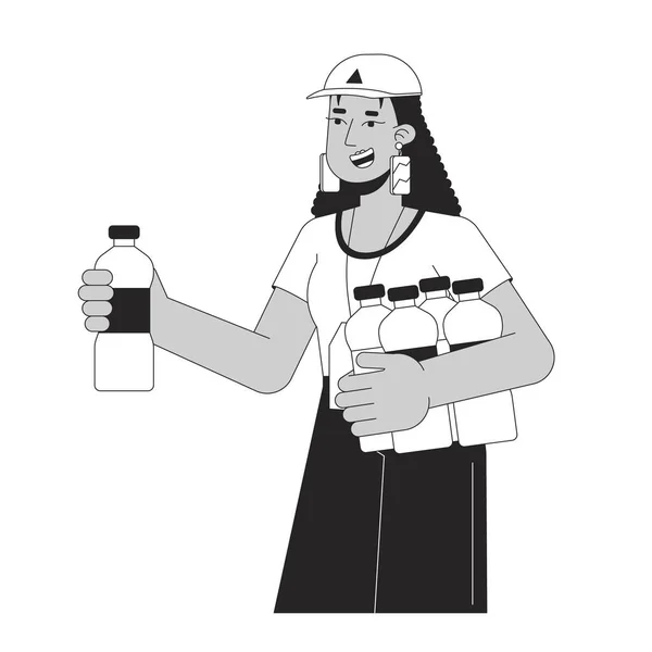 Volunteer Giving Water Flat Line Black White Vector Character Woman — Stock Vector