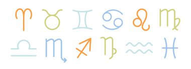 Yıldız falı burç işaretleri yarı düz renk vektör elementleri belirlendi. Beyaz üzerine düzenlenebilir klipsli resim simgeleri. Astroloji burç sembolleri. Web grafik tasarımı için basit çizgi film tarzı illüstrasyon koleksiyonu