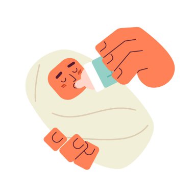 Bebeği yarı düz renk vektör karakteriyle besliyorum. El ele tutuşup yeni doğan bebeği. Süt şişesi. Beyazın üzerinde tüm vücudu düzenleyebilen insan. Web grafik tasarımı için basit karikatür nokta çizimi