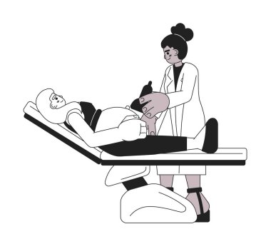 Hamile kadın, tek renkli düz vektör karakterini muayene ediyor. Kadın doktor ultrason taraması. Düzenlenebilir ince çizgi, beyaz üzerine tam vücut insan. Web grafik tasarımı için basit bw çizgi film nokta resmi