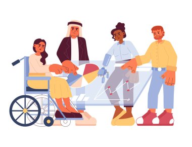 İş arkadaşı karikatür düz çizim. Çeşitli ofis ekipleri. Whiteboard 'daki iş adamları beyaz arka planda izole edilmiş 2D karakterler. Çeşitli şirket çalışanları sahne vektör renk resmi