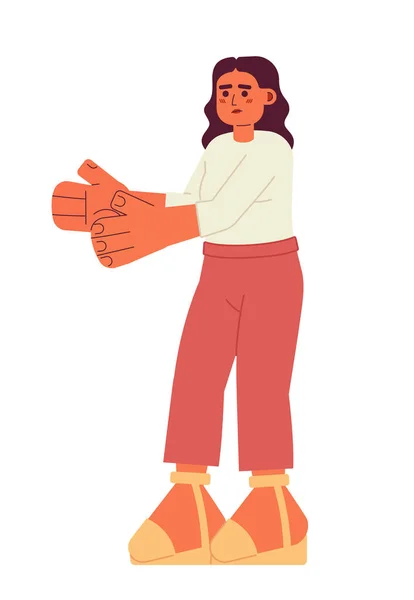 半平らな色のベクターの文字を立っているヒスパニックの女性 手を伸ばして 白に適した完全なボディ人 Webグラフィックデザインのためのシンプルな漫画スポットイラスト — ストックベクタ