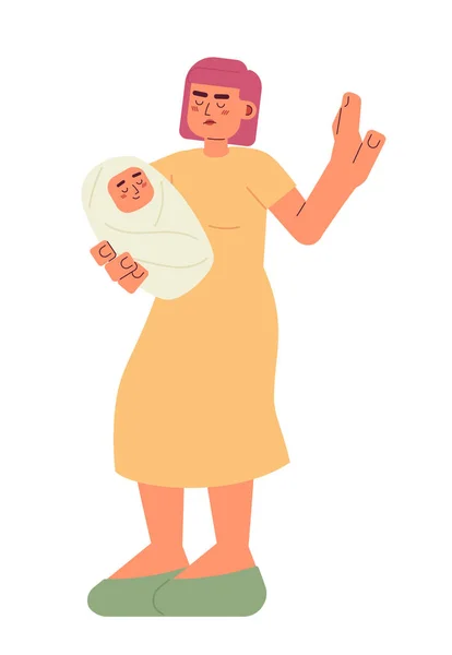 女性はジェスチャー半フラットカラーベクター文字を停止します アジアの母親が赤ん坊を抱えている 白に適した完全なボディ人 Webグラフィックデザインのためのシンプルな漫画スポットイラスト — ストックベクタ