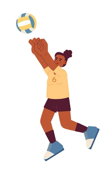 非裔美国女运动员踢球的半平彩色矢量字符 打排球训练 可编辑的全身白种人 用于网页平面设计的简单卡通画 — 图库矢量图片