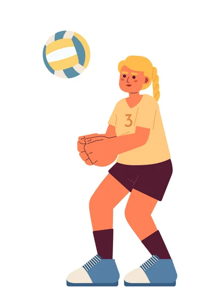 白人女子排球运动员半扁平的颜色矢量字符 强壮的女人踢球 可编辑的全身白种人 用于网页平面设计的简单卡通画 — 图库矢量图片