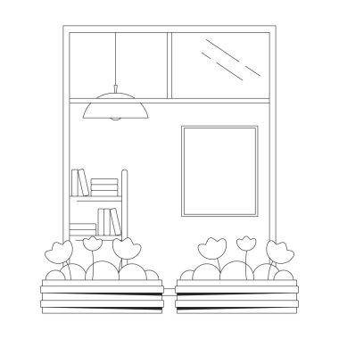 Saksıda çiçekler olan balkon penceresi konsept vektör noktası çizimi. Web UI tasarımı için Mimari 2D düz çizgi monokromatik nesne. Düzenlenebilir izole edilmiş kahraman görüntüsü