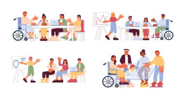 Çeşitli takımlar çizgi film düz çizim setinde birlikte çalışıyor. Beyaz arka planda izole edilmiş 2D karakterler. Yerleştirme işyeri takım çalışması sahneleri vektör renk resim koleksiyonu