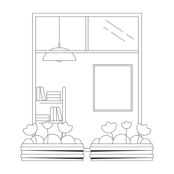 Balkongfönster Med Blommor Krukor Koncept Vektor Plats Illustration Arkitektur Tecknad — Stock vektor