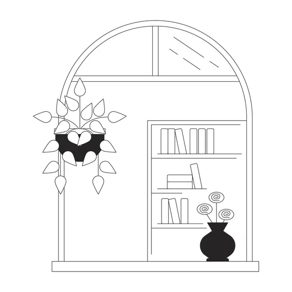 椭圆形窗户与装饰植物Bw概念矢量点画 舒适的房间为网页用户界面设计提供了2D卡通平面线条单色对象 可编辑的孤立轮廓英雄形象 — 图库矢量图片