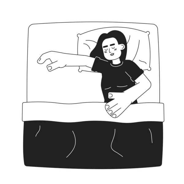 疲れたラティナの女性は 単色フラットベクター文字を寝ています 枕に横たわっている 毛布で覆うこと 白の編まれた薄いライン完全なボディ人 Webグラフィックデザインのためのシンプルな漫画スポット画像 — ストックベクタ