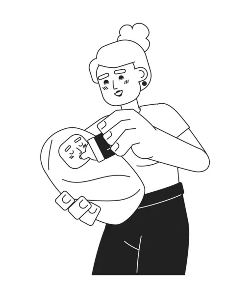 エキサイティングな母親は赤ちゃんモノクロマティックフラットベクターキャラクターを供給します パレントフード 赤ちゃんの世話をする 白の編まれた薄いライン完全なボディ人 Webグラフィックデザインのためのシンプルな漫画スポット画像 — ストックベクタ