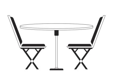 Yemek masası düz monokrom izole vektör nesneli sandalyeler. Kafe masası. Mobilyalar. Düzenlenebilir siyah beyaz çizim. Web grafik tasarımı için basit ana hatlı nokta çizimi