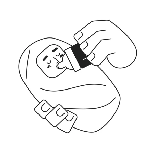 ベビーモノクロマティックフラットベクターキャラクターを給餌します 新生児を抱えている手 ミルクボトル 白の編まれた薄いライン完全なボディ人 Webグラフィックデザインのためのシンプルな漫画スポット画像 — ストックベクタ
