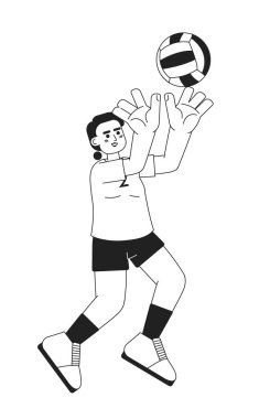 Tek renkli top atan güçlü Asyalı kız düz vektör karakteri. Voleybol oynuyordum. Antrenman. Düzenlenebilir ince çizgi, beyaz üzerine tam vücut insan. Web grafik tasarımı için basit bw çizgi film nokta resmi