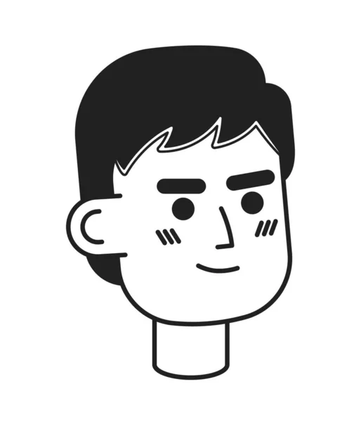 真剣なブルネット男モノクロフラットリニアキャラクターヘッド 若い男の子 人間の顔のアイコンを描いた編まれた輪郭の手 アニメーションのための2D漫画スポットベクターアバターイラスト — ストックベクタ
