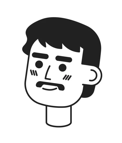 口ひげモノクロフラットリニアキャラクターヘッドを持つかわいい若い男 ブラックヘア男性 人間の顔のアイコンを描いた編まれた輪郭の手 アニメーションのための2D漫画スポットベクターアバターイラスト — ストックベクタ