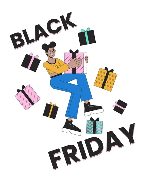 黑色星期五赠送二维线性插图概念 快乐的非洲裔美国购物者 手里拿着被白色隔离的卡通人物 周末交易隐喻抽象平面矢量轮廓图形 — 图库矢量图片