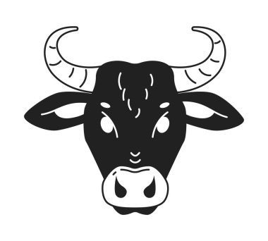 Boğa kafatası monokrom düz doğrusal karakter kafası. Düzenlenebilir el çizimi insan yüzü simgesi. Animasyon için 2B karikatür nokta vektör çizimi çizimi