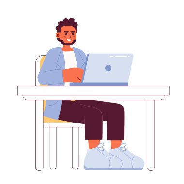 Laptop ofisi 2D çizgi film karakteri üzerinde çalışan Hintli sakallı yetişkin adam. Masada oturan Güney Asyalı sakallı erkek izole edilmiş vektör beyaz arka plan. Sörf bilgisayarı rengi düz nokta çizimi