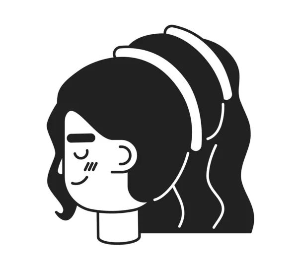 かわいい女性サイドビューモノクロフラットリニアキャラクターヘッド アラビアのブルネット女性 人間の顔のアイコンを描いた編まれた輪郭の手 アニメーションのための2D漫画スポットベクターアバターイラスト — ストックベクタ