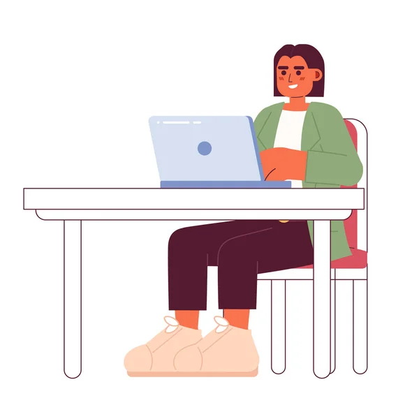 Hispanic Female Supervisor Sitting Laptop Cartoon Character Laptop Business Woman — Stock Vector