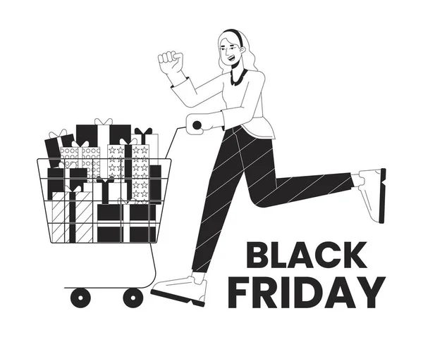 Vacanza Shopping Bianco Nero Concetto Illustrazione Femmina Shopper Spingendo Carrello — Vettoriale Stock