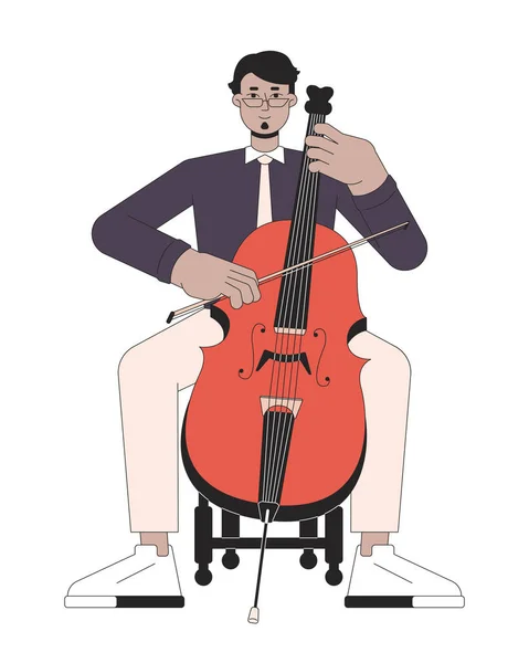 大提琴音乐家线条漫画平面插图 中东成年男子与音乐中提琴2D线形字符隔离在白色背景 小提琴演奏家交响乐场景矢量彩色图像 — 图库矢量图片