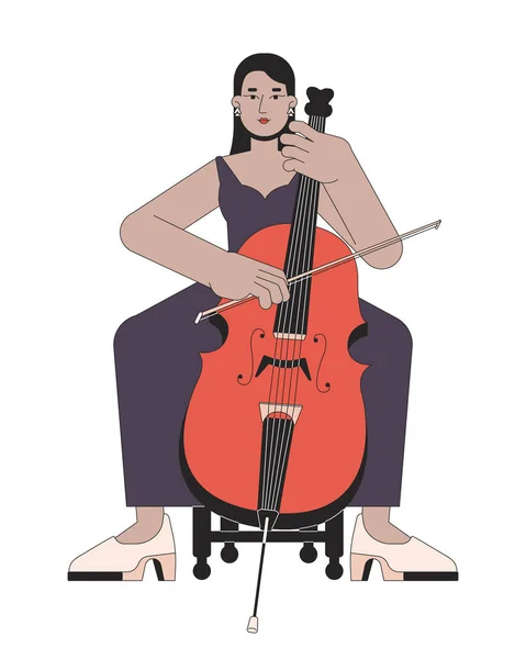 大提琴女孩线动画平面插图 中东成年女性音乐家大提琴演奏家2D线形字符在白色背景下被分离出来 演奏管弦乐队乐器场景矢量彩色图像 — 图库矢量图片