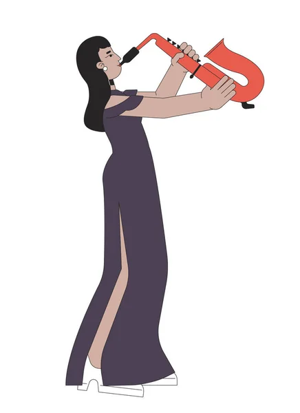 Saxophone Ragazza Recital Abito Linea Cartone Animato Piatto Illustrazione Donna — Vettoriale Stock