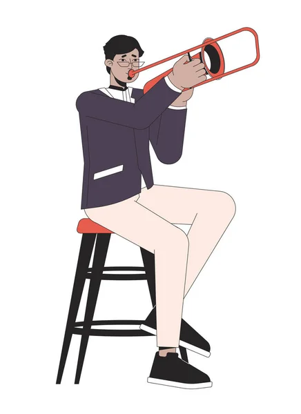 Jazz Trombone Speler Lijn Cartoon Platte Illustratie Arabische Volwassen Man — Stockvector