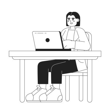 Siyah beyaz dizüstü bilgisayarlı İspanyol kadın süpervizör. 2D çizgi film karakteri. Dizüstü bilgisayar işyerindeki iş kadını izole edilmiş vektör taslağı kişisi. Monokromatik düz nokta çizimi