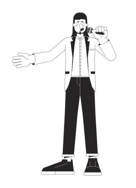 Elinde siyah beyaz çizgi film resimli mikrofon tutan erkek opera sanatçısı. Avrupalı yetişkin vokalist 2D çizgi film karakteri izole edildi. Klasik müzik konseri monokrom sahne vektörü ana hatları