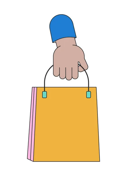 ブランドの紙袋リニア漫画キャラクターハンドイラストを保持します ショッピングバッグのアウトライン2Dベクター画像 白い背景 編集可能な平らな色のクリップを包む販売衣料品店 — ストックベクタ