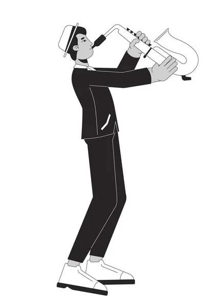 Jazzowy Saksofonista Czarno Biały Kreskówka Płaska Ilustracja Indyjski Dorosły Mężczyzna — Wektor stockowy