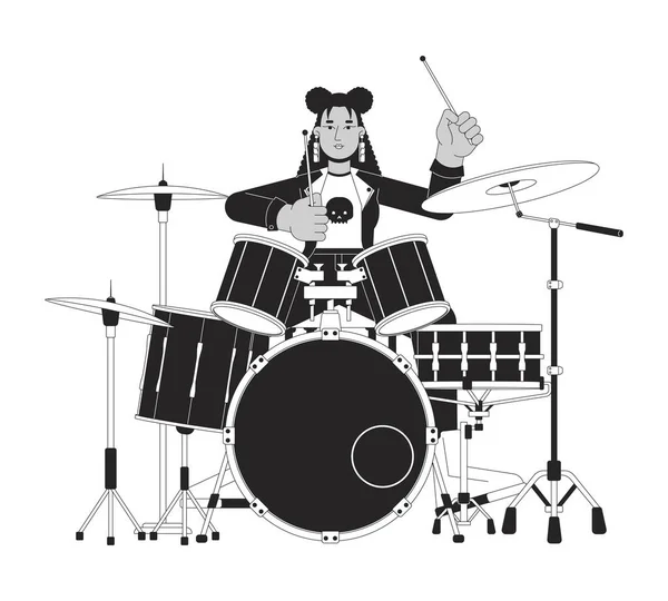 Vrouwelijke Drummer Rocker Zwart Wit Cartoon Platte Illustratie Spaanse Jonge — Stockvector