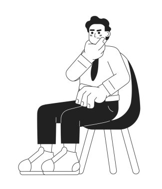 Orta Doğulu adam çenesini siyah beyaz çizgi film karakteri gibi ovalıyor. Sandalyede oturan beyin fırtınası erkek ofis çalışanı izole edilmiş vektör çizgisi kişisi. Düşünen adam monokromatik düz nokta çizimi