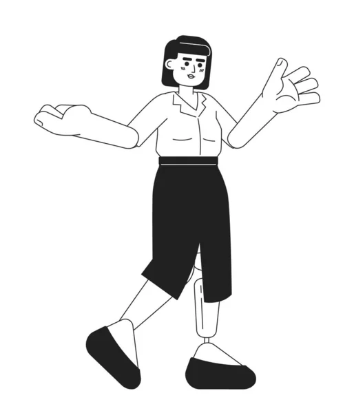 Asijské Mladá Žena Protézou Nohy Gestikulující Černobílé Kreslené Postavě Zdravotně — Stockový vektor