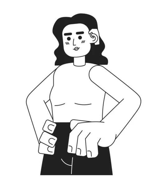 聴覚障害の女性黒と白の2D漫画のキャラクター 耳カフで隔離されたベクターアウトラインを持つ白人の若い大人の少女 コクリアインプラント単色フラットスポットイラスト — ストックベクタ