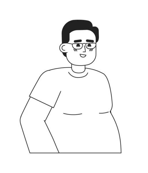太りすぎの男性の眼鏡 幸せな黒と白の2D漫画のキャラクター コーカサスプラスサイズの男性は 孤立したベクトルアウトラインの人を微笑みます ボディポジティブな男アイウェアモノクロマティックフラットスポットイラスト — ストックベクタ